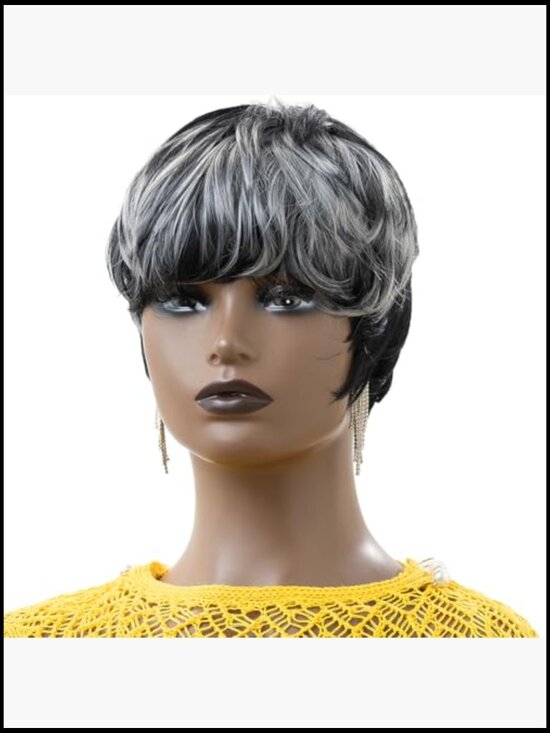 Short Salt and Pepper Pixie Cut Wig for Women Layered Synthetic Curly Wig with